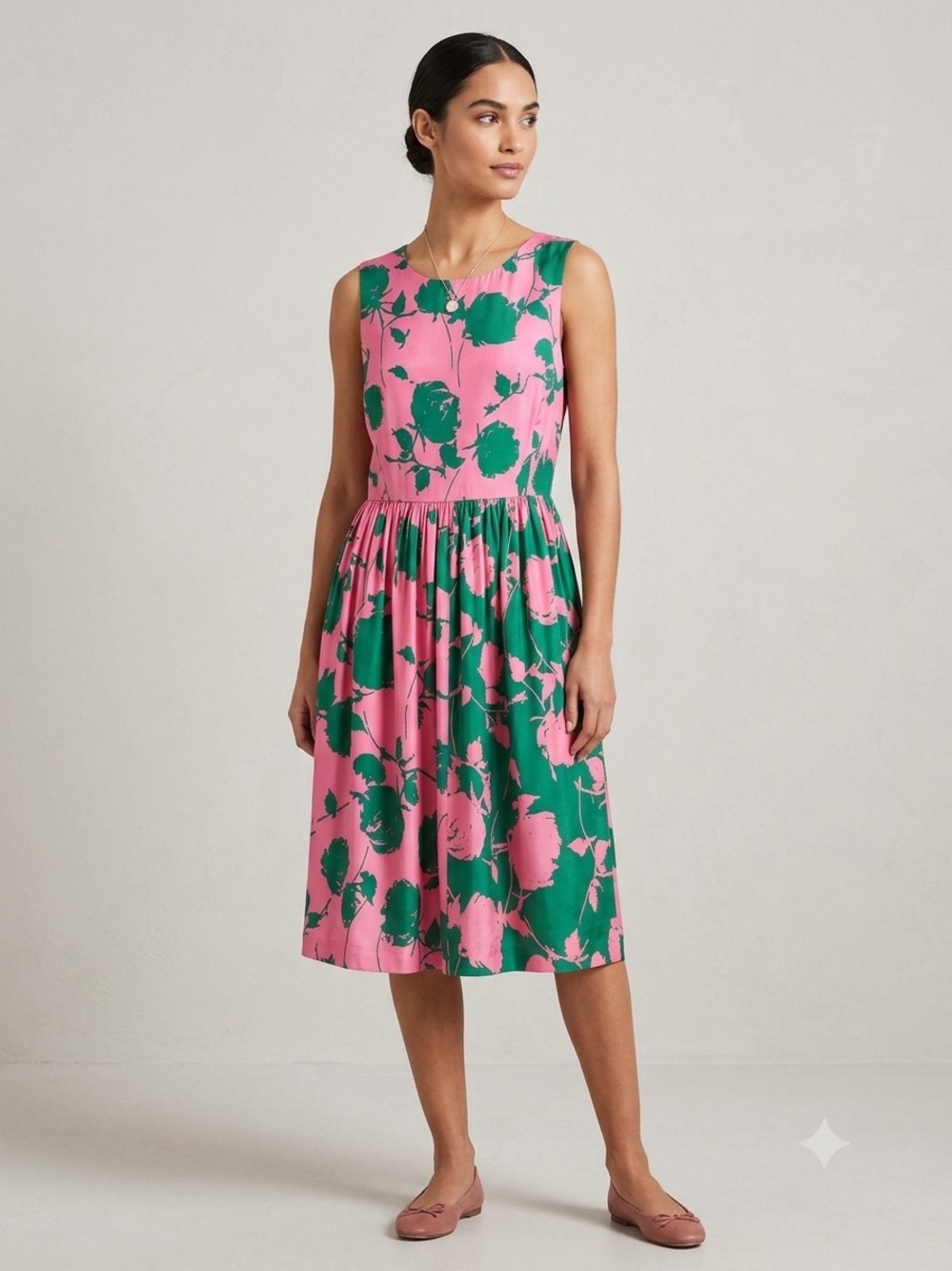 Boden Pink & Green Sylvia Floral Print Silk Blend Sleeveless Midi Dress Size 4